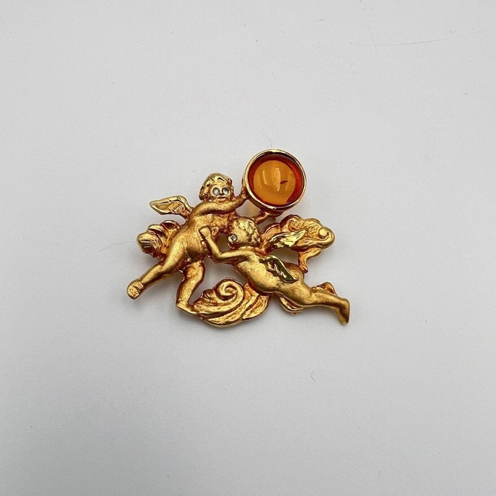 Vintage Louis Stern LS SIGNED Cherub Angel Baltic Amber Cabochon Gold Brooch Pin